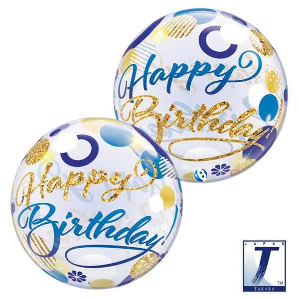(image for) 22" Happy Birthday Blue & Golds Dots Stretchy Bubble Balloons