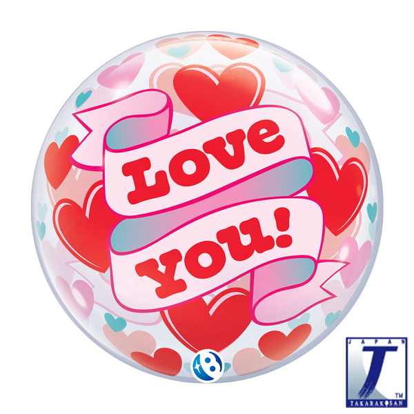 (image for) 22" Love You Hearts & Ribbon Stretchy Bubble Balloons