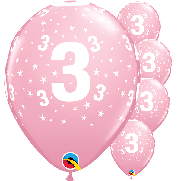 (image for) 11" Age 3 Stars Around Pink Latex Balloons 6pk