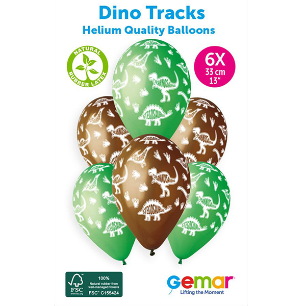 13" Dino Tracks Retail Latex Balloons 6pk