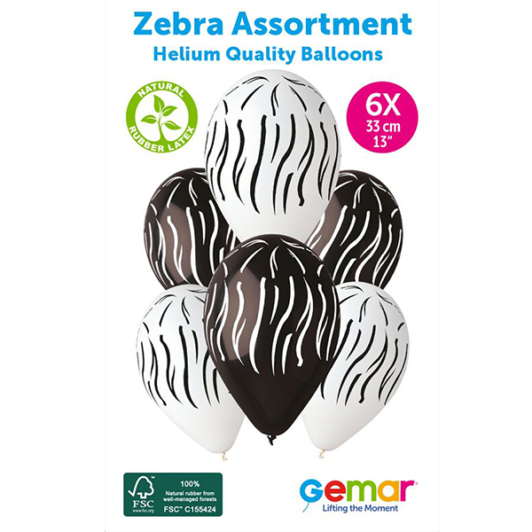 13" Zebra Assorted Retail Latex Balloons 6pk