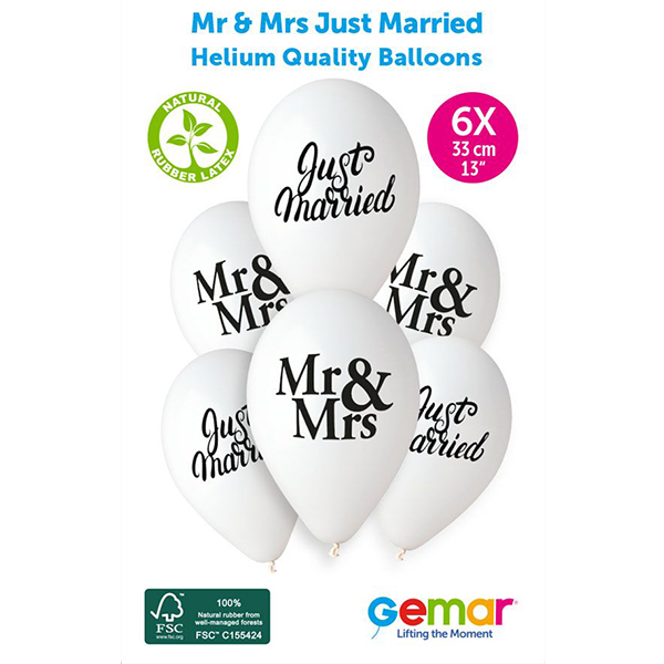 13" Mr And Mrs Just Married Retail Latex Balloons 6pk