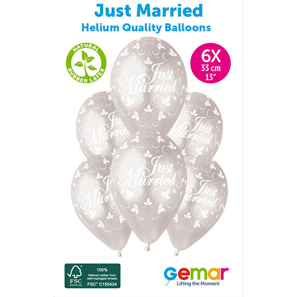13" Just Married Retail Latex Balloons 6pk
