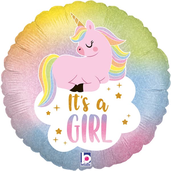 (image for) 18" Glitter Baby Girl Unicorn Holographic Foil Balloons
