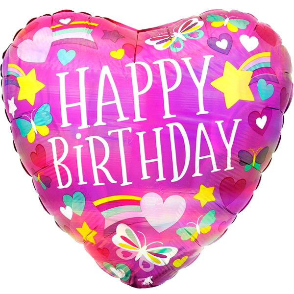 (image for) 18" Iridescent Happy Birthday Rainbow Hearts Foil Balloons