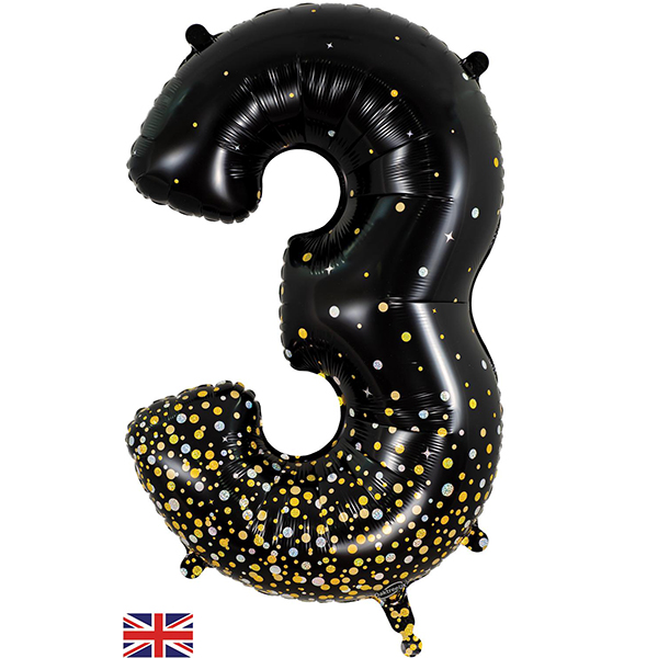 34" Black & Gold Sparkling Fizz Number 3 Shape Balloons