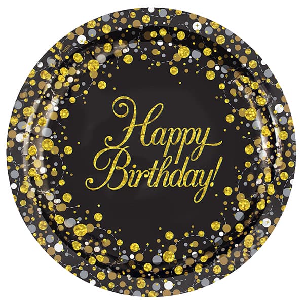 Happy Birthday Black Sparkling Fizz Paper Plates 8pk