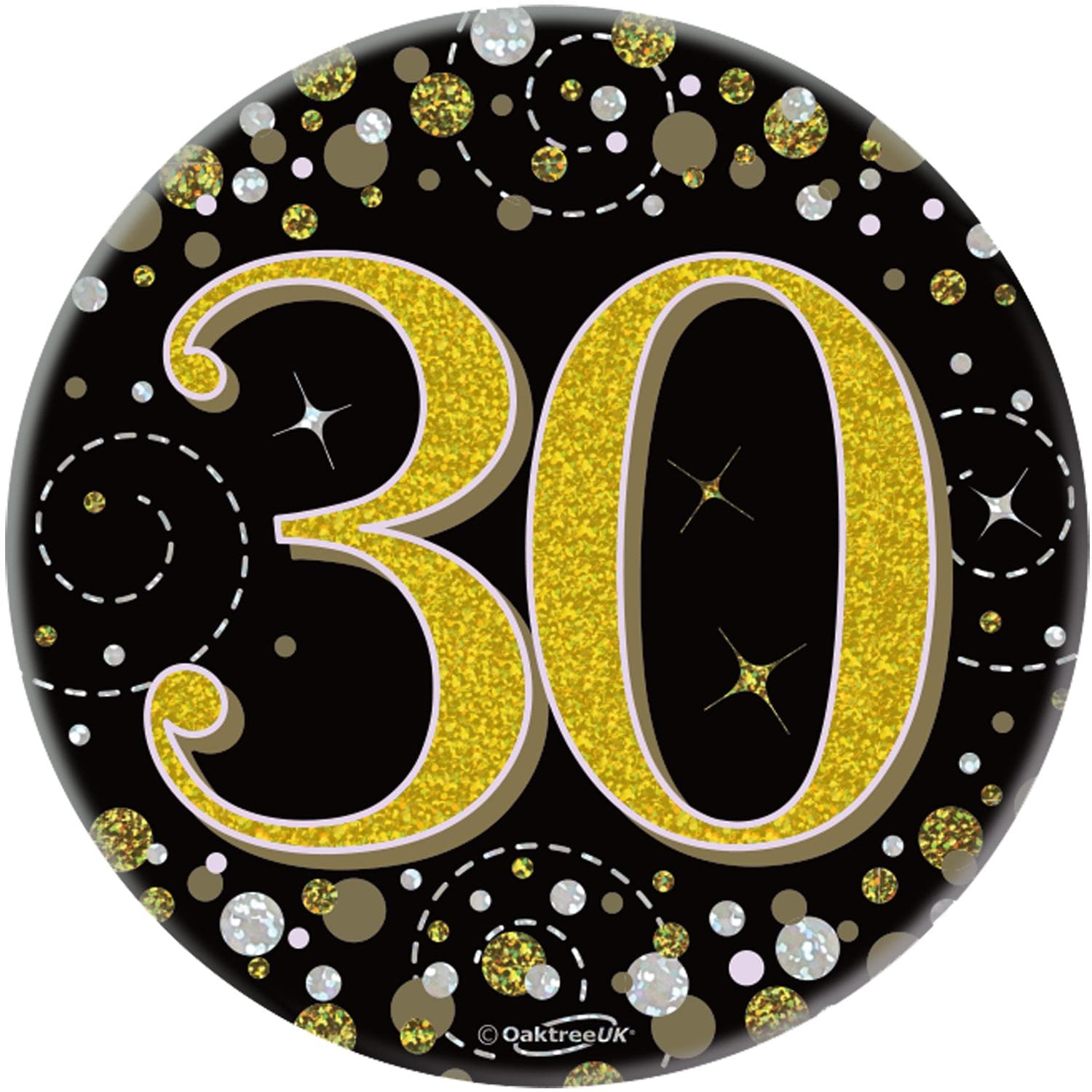 30th Birthday Sparkling Fizz Black & Gold Holographic Badge