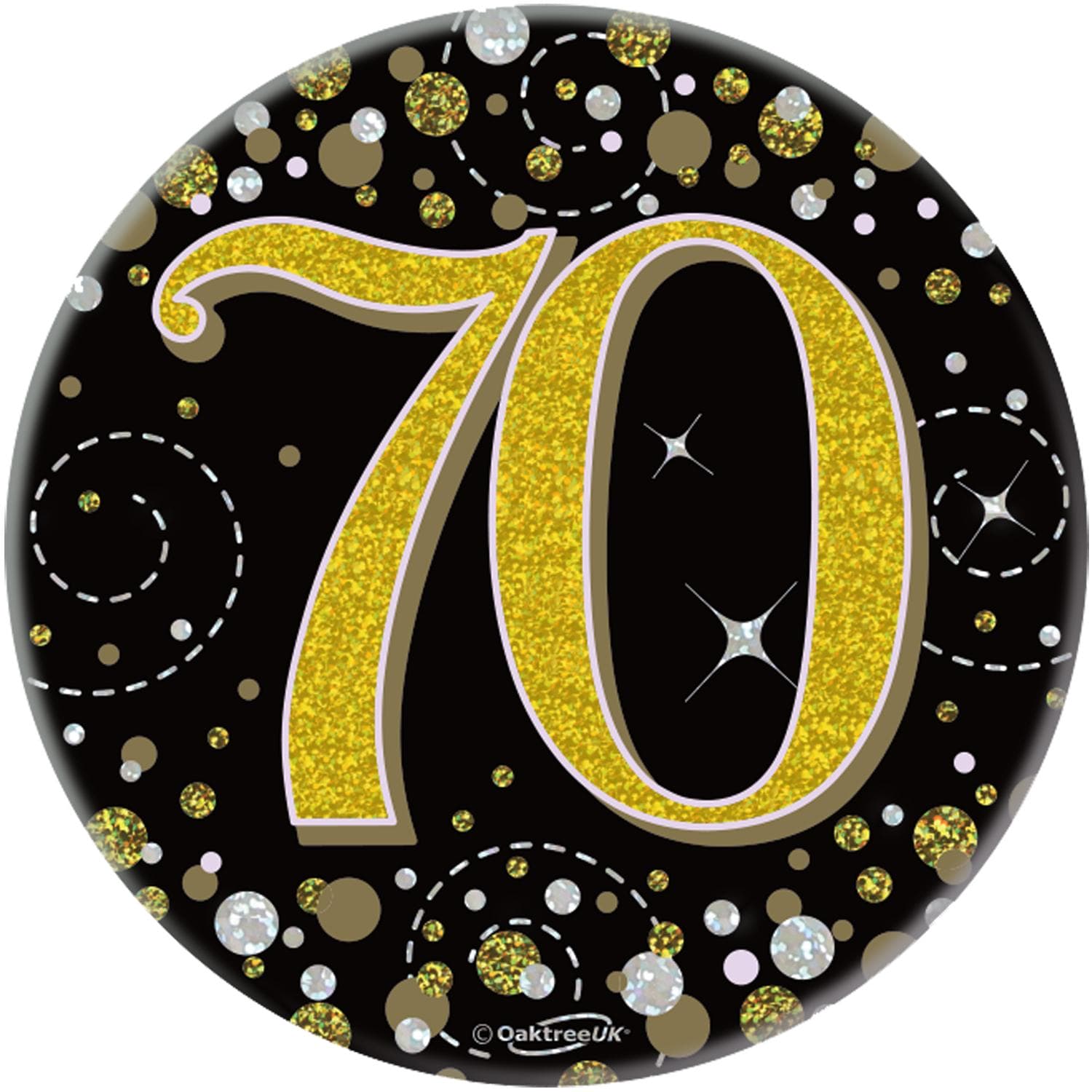 70th Birthday Sparkling Fizz Black & Gold Holographic Badge