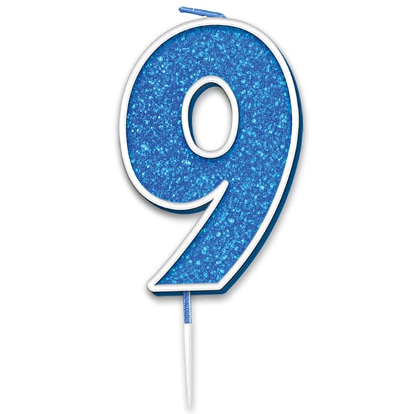Blue & Silver Glitter Number 9 Candle Pick