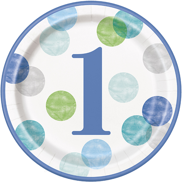 (image for) 9" Blue Dots 1st Birthday Paper Plates 8pk