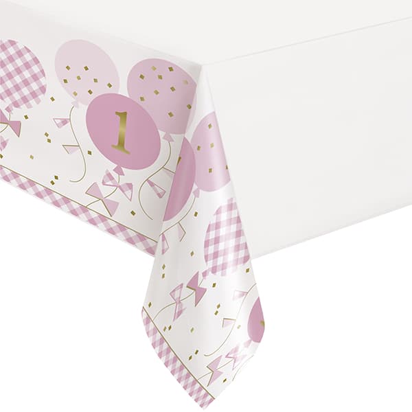 1st Birthday Pink Gingham Plastic Tablecover