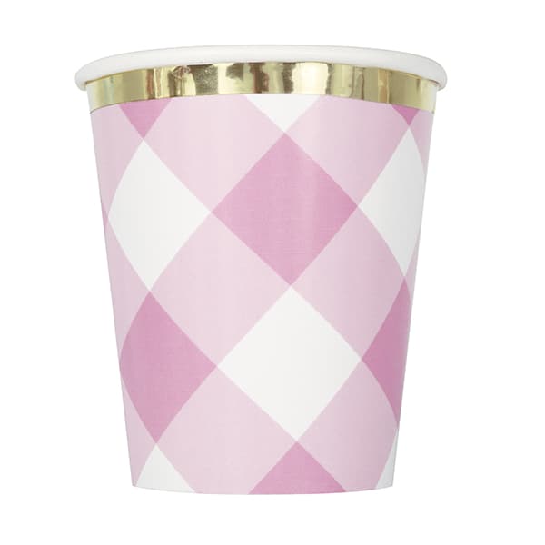 1st Birthday Pink Gingham Paper Cups 8pk