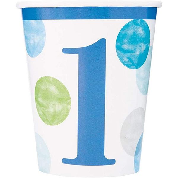 (image for) 9oz Blue Dots 1st Birthday Paper Cups 8pk