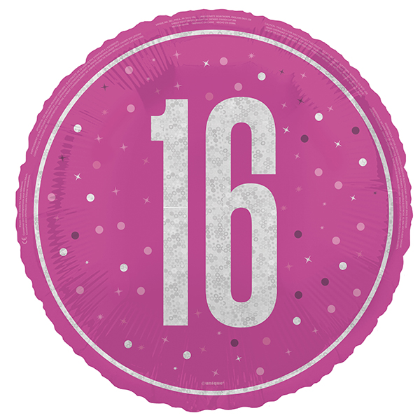 (image for) 18" Pink & Silver Glitz Prism Happy 16th Birthday Foil Balloons