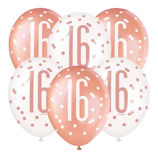 (image for) 12" Rose Gold Glitz 16th Birthday Latex Balloons 6pk