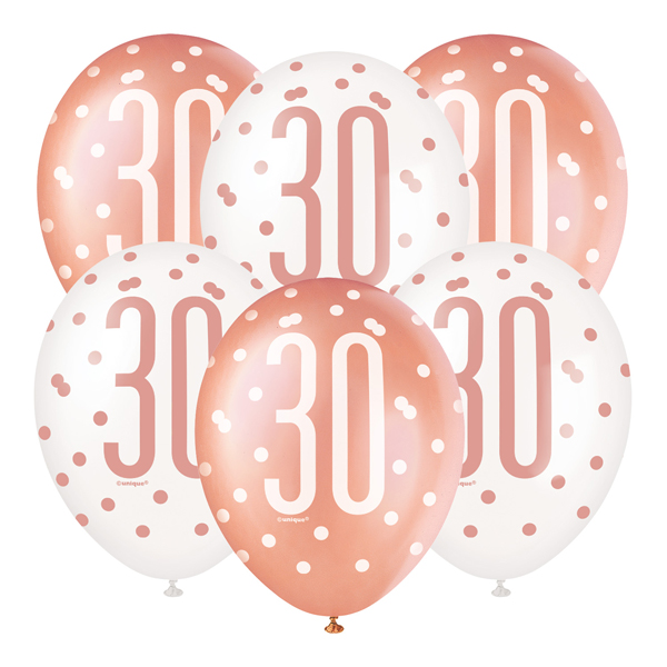 12" Rose Gold Glitz 30th Birthday Latex Balloons 6pk