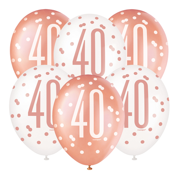 12" Rose Gold Glitz 40th Birthday Latex Balloons 6pk