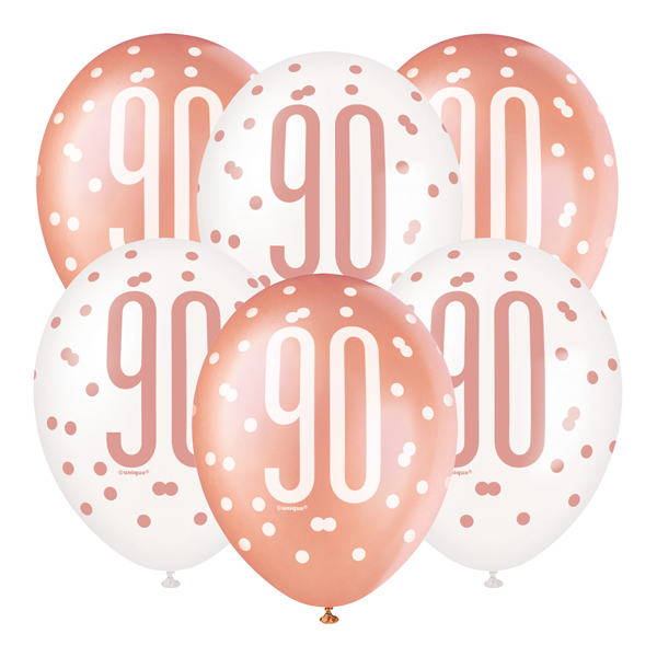 12" Rose Gold Glitz 90th Birthday Latex Balloons 6pk