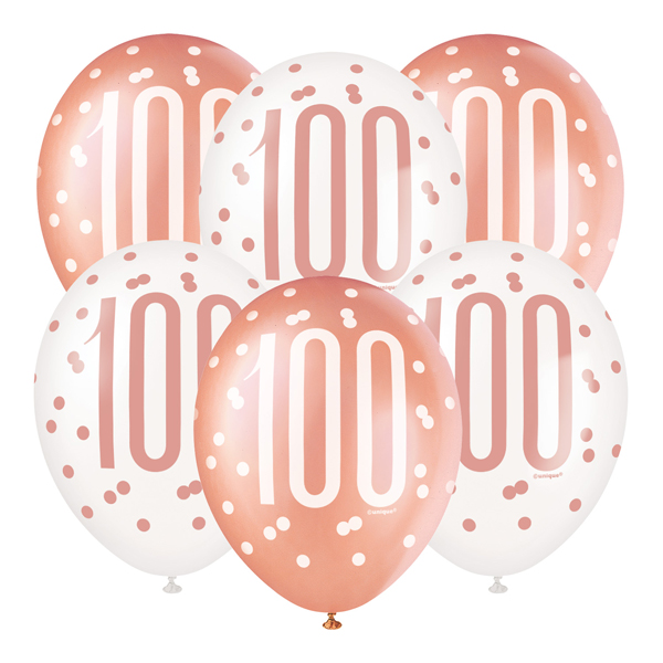 (image for) 12" Rose Gold Glitz 100th Birthday Latex Balloons 6pk