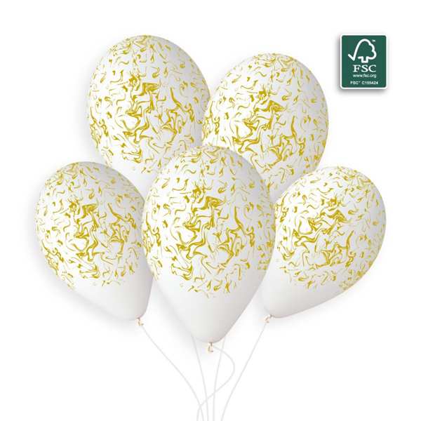 13" White With Gold Marble Latex Balloons 50pk