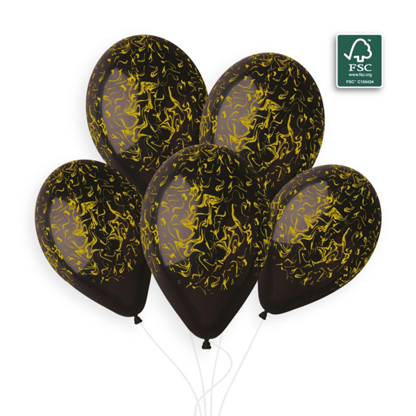 13" Black With Gold Marble Latex Balloons 50pk