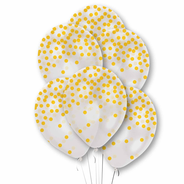(image for) 11" Gold Printed Confetti Clear Latex Balloons 6pk