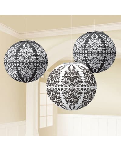 Black Damask Printed Lanterns 3pk