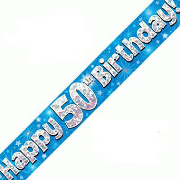 Happy 50th Birthday Blue Holographic Banner
