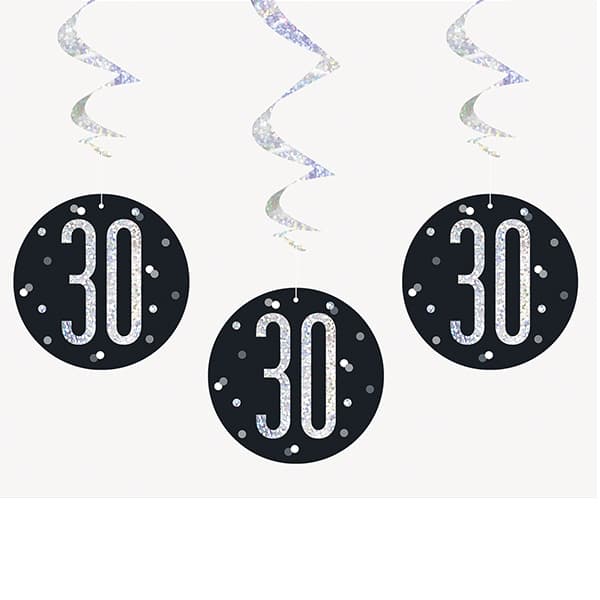 Black & Silver Glitz 30th Birthday Hanging Swirl Decorations