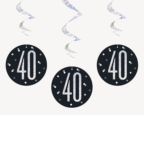 (image for) Black & Silver Glitz 40th Birthday Hanging Swirl Decorations