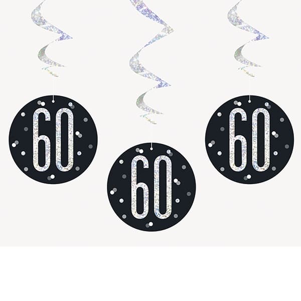 (image for) Black & Silver Glitz 60th Birthday Hanging Swirl Decorations