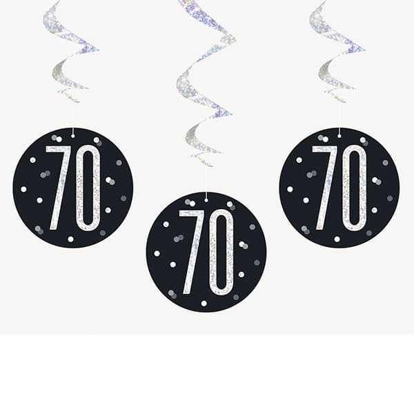 Black & Silver Glitz 70th Birthday Hanging Swirl Decorations