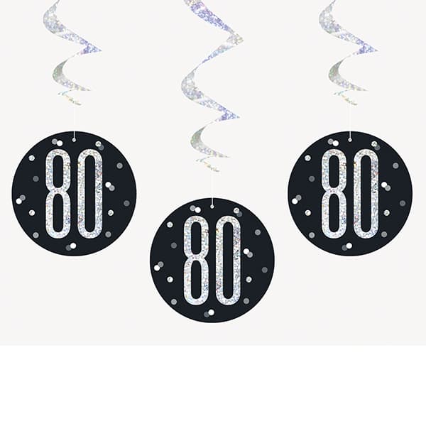 Black & Silver Glitz 80th Birthday Hanging Swirl Decorations