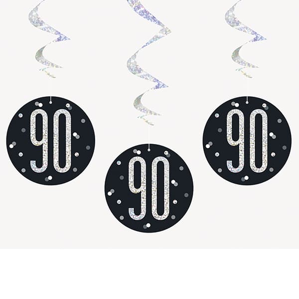 (image for) Black & Silver Glitz 90th Birthday Hanging Swirl Decorations