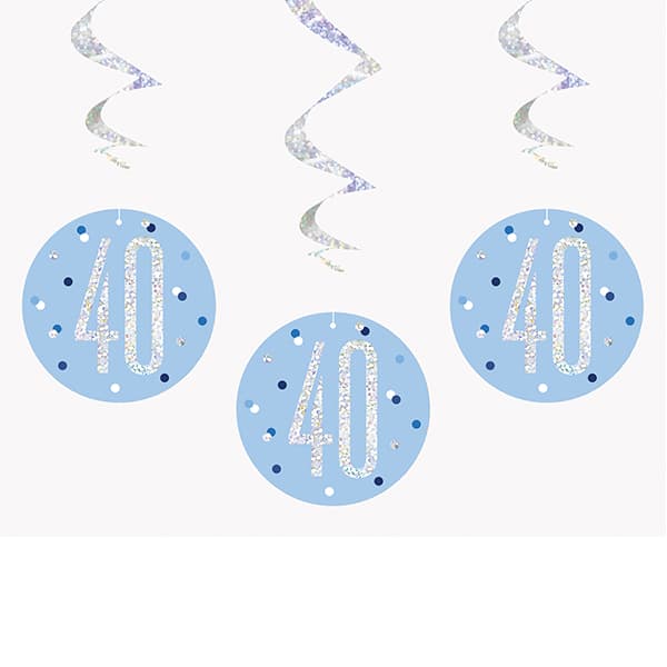 Blue & Silver Glitz 40th Birthday Hanging Swirl Decorations