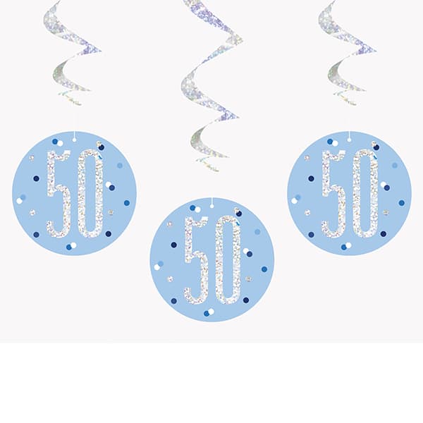 Blue & Silver Glitz 50th Birthday Hanging Swirl Decorations