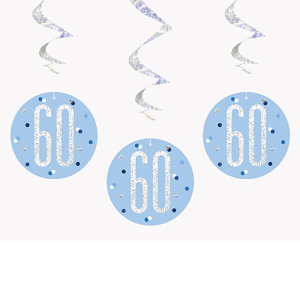 Blue & Silver Glitz 60th Birthday Hanging Swirl Decorations