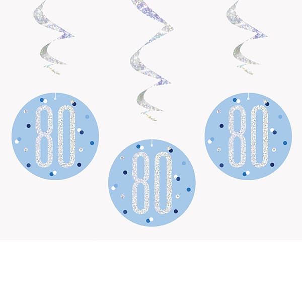 Blue & Silver Glitz 80th Birthday Hanging Swirl Decorations