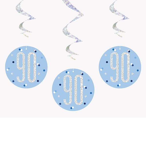 Blue & Silver Glitz 90th Birthday Hanging Swirl Decorations