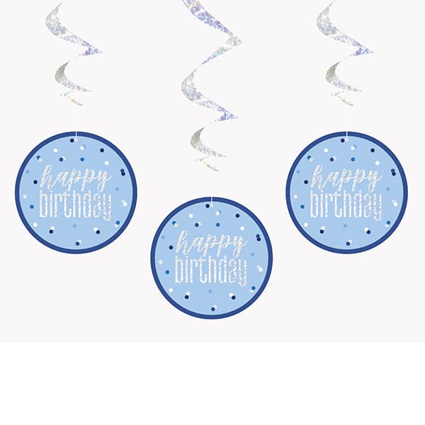 Blue & Silver Glitz Happy Birthday Hanging Swirl Decorations
