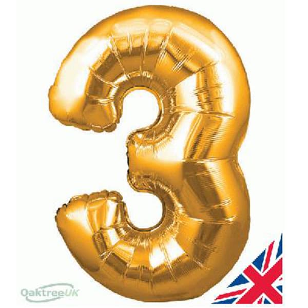 34" Oaktree Gold Number 3 Shape Balloons