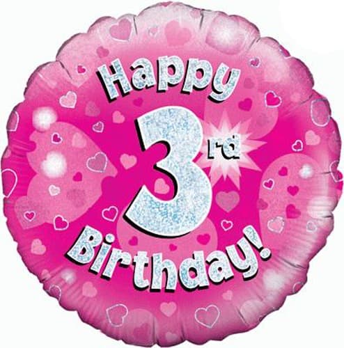 18" Happy 3rd Birthday Pink Holographic Balloons