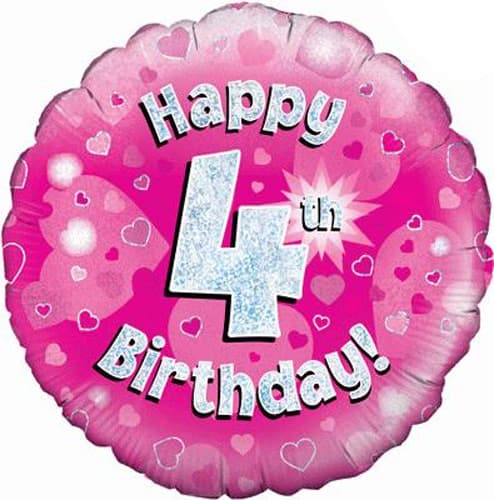 18" Happy 4th Birthday Pink Holographic Balloons