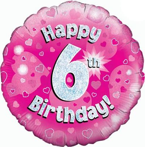 (image for) 18" Happy 6th Birthday Pink Holographic Balloons