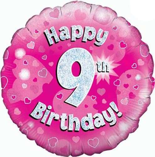 18" Happy 9th Birthday Pink Holographic Balloons