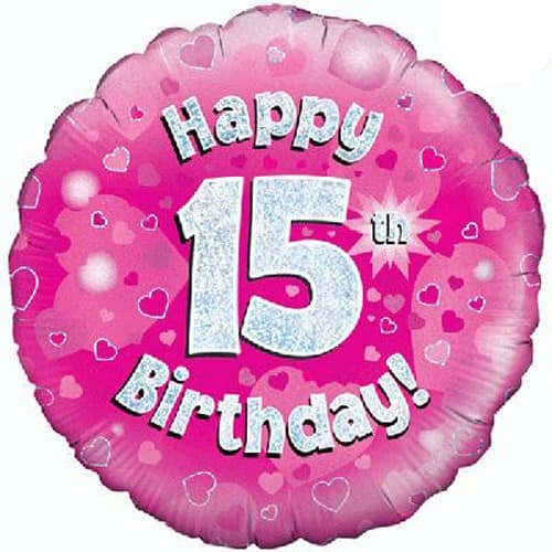 (image for) 18" Happy 15th Birthday Pink Holographic Balloons
