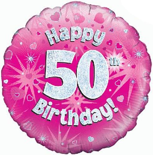 18" Happy 50th Birthday Pink Holographic Balloons