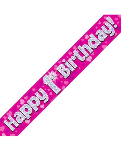 Happy 1st Birthday Pink Holographic Banner