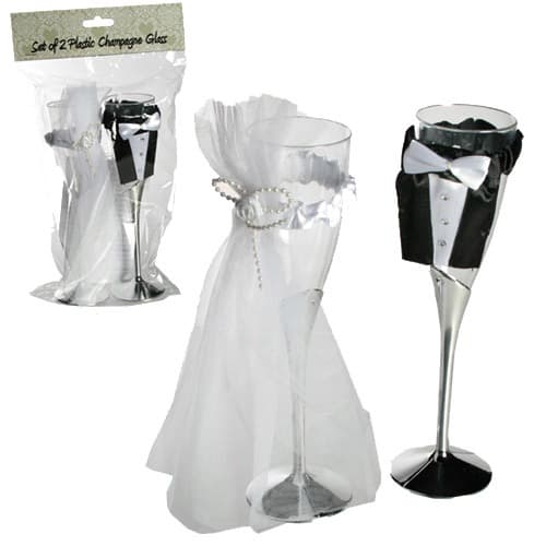 (image for) Bride And Groom Plastic Champagne Glasses